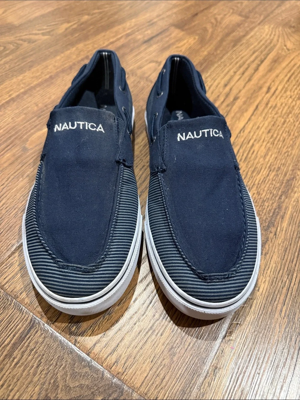 Nautica Men’s Navy Slip-On Canvas Boat Sneakers with White Sole